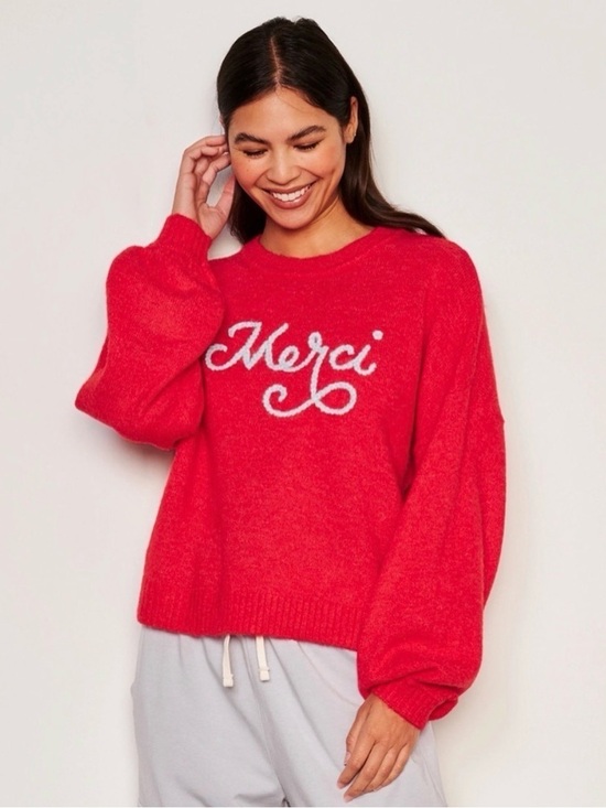 Sundry Sweaters - Sundry Merci Sweater XL Red Graphic Crewneck Oversized Anthropologie